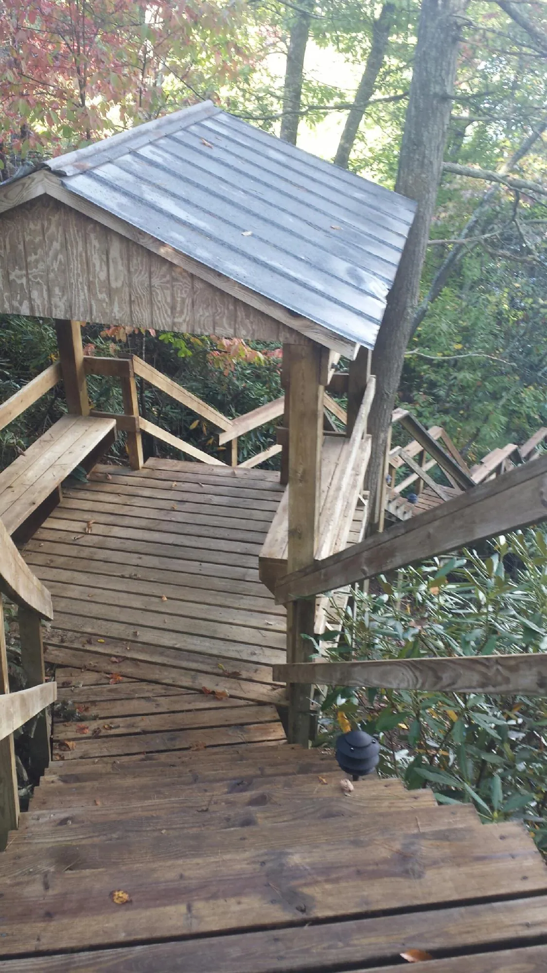 Metal roofed shelter over wooden steps on a wooded walkway — Skylight Repair & Installation work by our crew in Caneyville